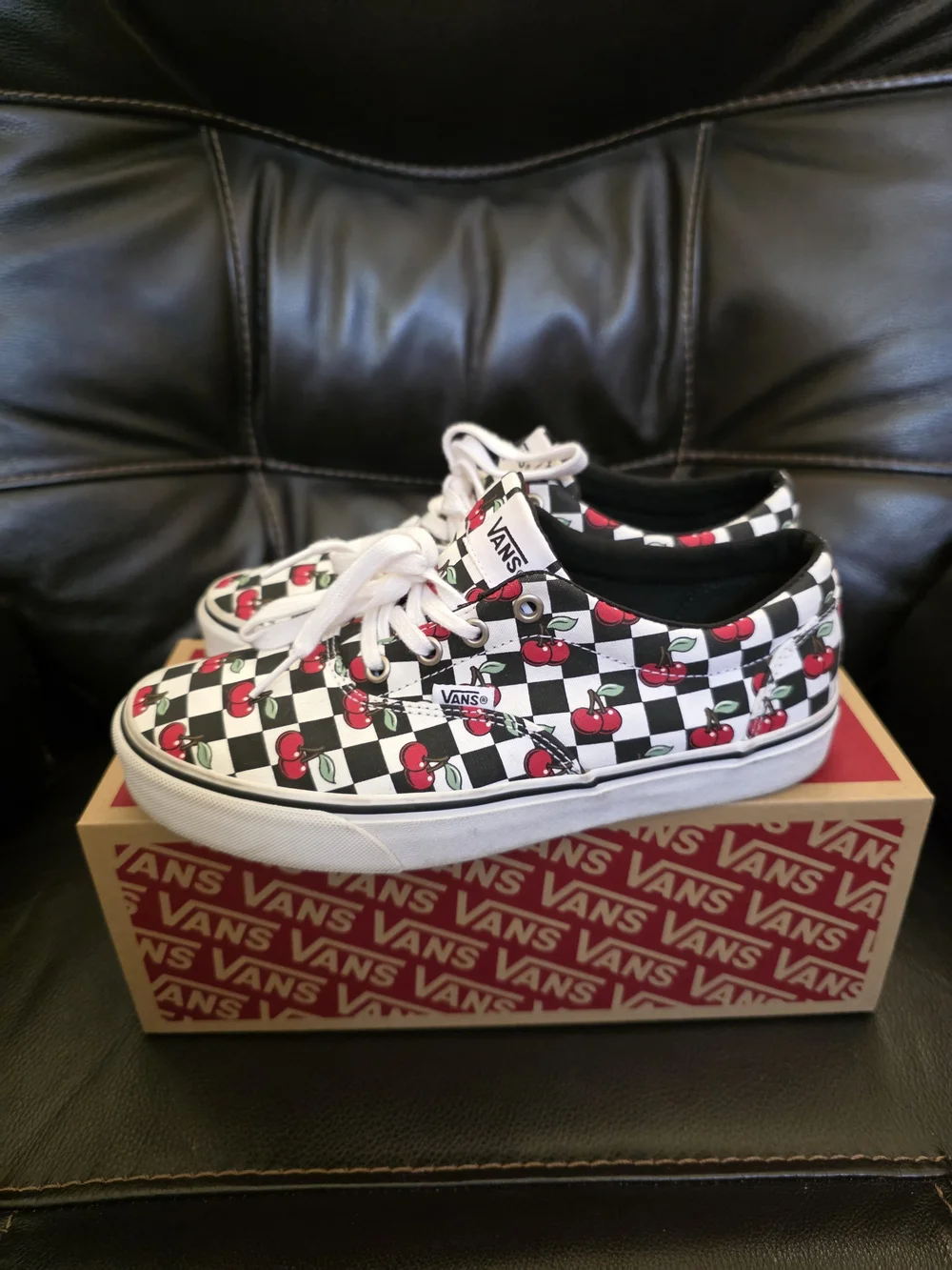 Vans Womens Authentic Checkerboard Cherry Skate Shoes - Black/White/Red 8.5W